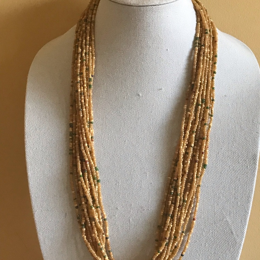 Multi-Strand Yellow Seed Bead Necklace with Green Accents